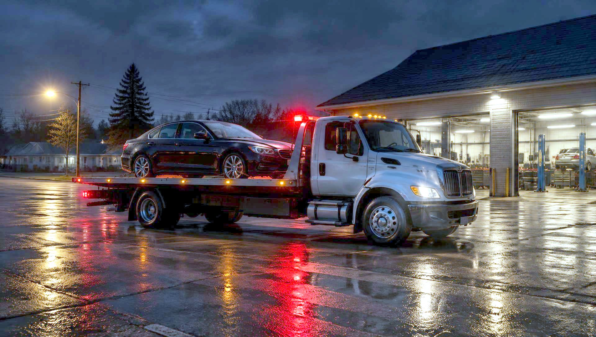 Flatbed tow truck carrying a sedan outside a lit auto repair garage at dusk